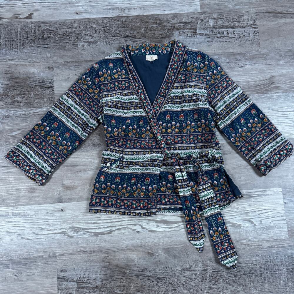 Anokhi XS Floral Block Print Wrap Top Tie Waist Boho Indian Block Print Cotton